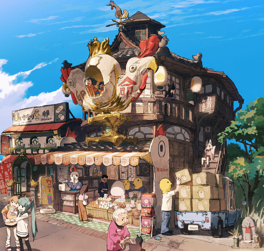 6+boys 6+girls animal_ears bird blue_sky cat cat_ears cat_girl cat_tail chicken chicken_costume cloud egg_(food) food fox_boy fox_ears fox_tail gashapon glasses highres motor_vehicle multiple_boys multiple_girls old old_woman original pickup_truck rias-coast selfie shop sky tail truck twintails vending_machine