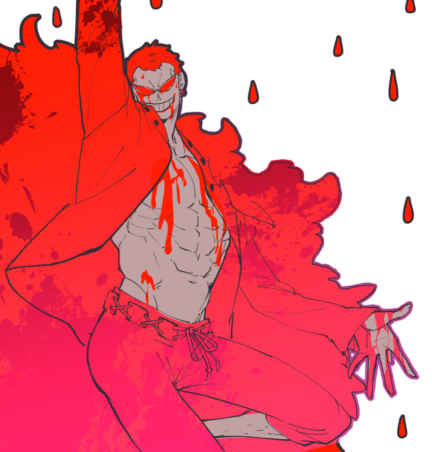 1boy abs ahi_tb arm_up belt blood blood_on_clothes blood_on_face blood_on_hands donquixote_doflamingo feather_coat grin highres leg_hair male_focus muscular muscular_male navel one_piece open_clothes pants rain short_hair simple_background smile solo sunglasses white_background