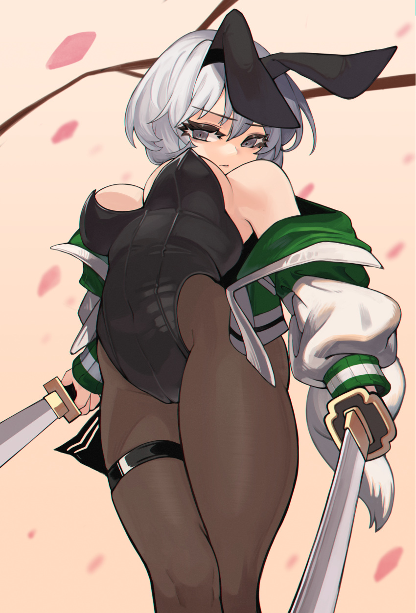 1girl animal_ears black_leotard black_pantyhose breasts cleavage closed_mouth commentary_request feet_out_of_frame grey_eyes grey_hair highres holding holding_sword holding_weapon konpaku_youmu large_breasts leotard looking_at_viewer multiple_swords pantyhose petals pink_background playboy_bunny qwas69 rabbit_ears short_hair solo sword thigh_strap touhou weapon