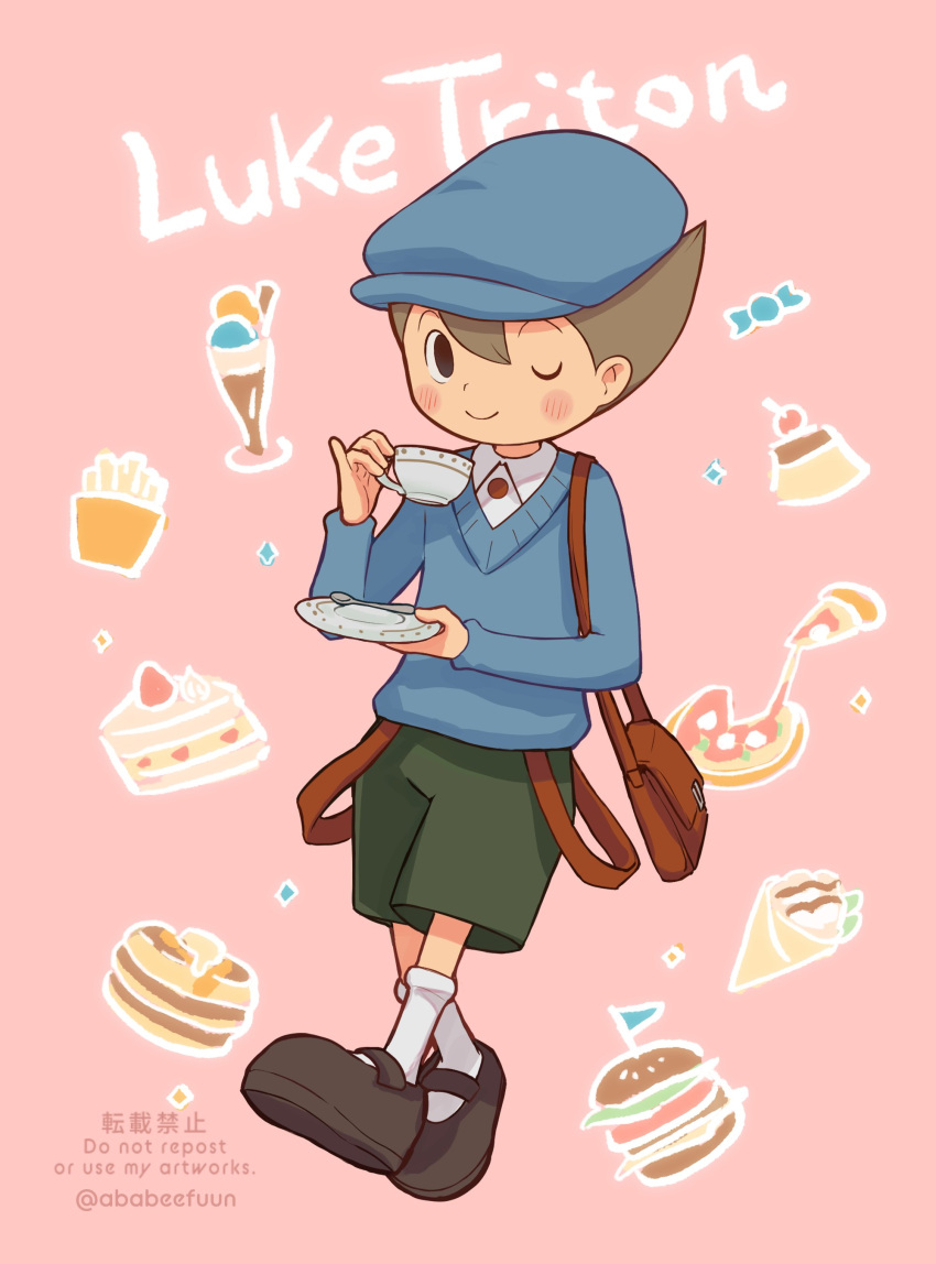 1boy abarenbou_bifun absurdres bag blue_headwear blue_sweater blush brown_bag brown_footwear brown_hair burger cabbie_hat cake cake_slice candy character_name closed_mouth collared_shirt commentary crepe cup food french_fries full_body green_shorts hand_up hat highres holding holding_cup holding_saucer long_sleeves looking_at_viewer luke_triton male_focus one_eye_closed pancake pink_background pizza professor_layton pudding saucer shirt shoes short_hair shorts shoulder_bag smile socks solo spoon standing suspenders_hanging sweater symbol-only_commentary teacup twitter_username white_shirt white_socks