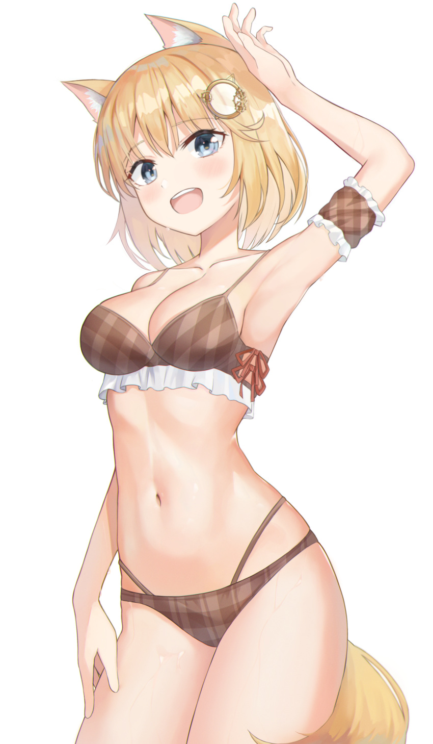 1girl :d absurdres animal_ear_fluff animal_ears arm_up armband armpits bikini blue_eyes blush breasts brown_armband brown_bikini cat_ears cat_tail cleavage collarbone commentary cowboy_shot curvy eyelashes eyes_visible_through_hair frilled_armband frilled_bikini frills gear_hair_ornament hair_between_eyes highres hololive hololive_english k.j. looking_at_viewer medium_breasts midriff navel open_mouth plaid plaid_bikini round_teeth short_hair simple_background smile solo standing stomach swimsuit tail teeth upper_teeth_only virtual_youtuber watson_amelia white_background