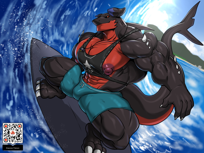 abs anthro areola biped black_body bulge claws countershade_face countershade_tail countershade_torso countershading fin fingers garchomp generation_4_pokemon hi_res male masterelrest muscular muscular_anthro muscular_male nintendo nipples pecs pokemon pokemon_(species) qr_code red_body red_countershading solo surfboard surfing tail tail_fin water