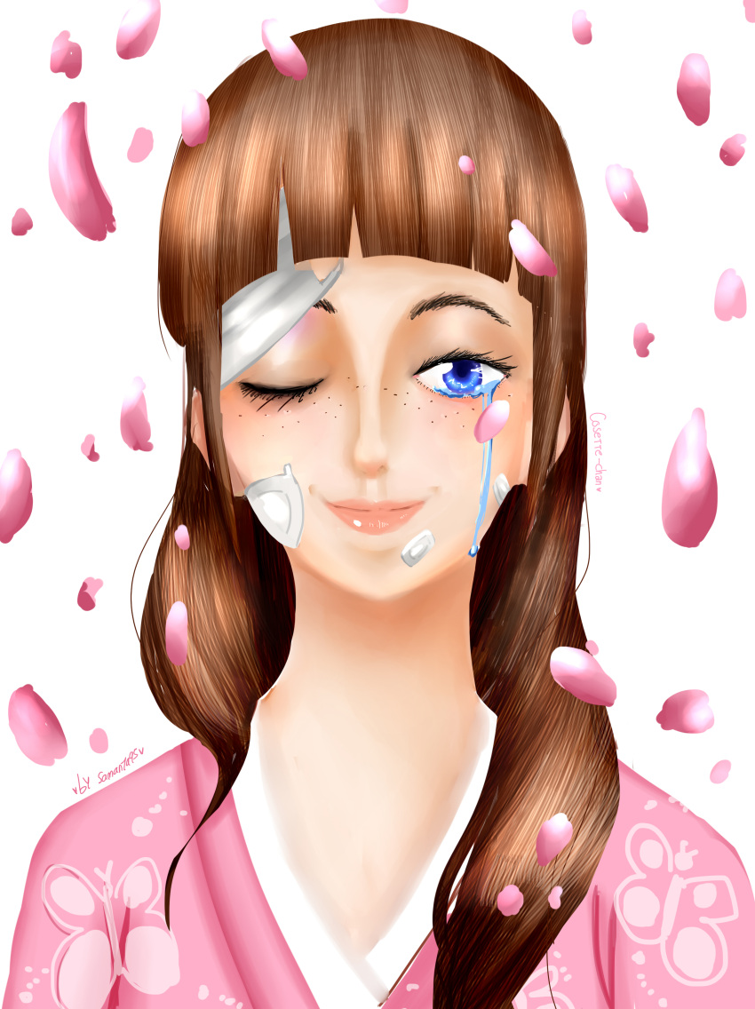 1girl absurdres artist_name bandaid bandaid_on_face blue_eyes blunt_bangs brown_hair character_name closed_mouth cosette_(one_piece) crying crying_with_eyes_open freckles highres long_hair looking_at_viewer one_eye_closed one_piece petals sad samanta95 smile solo tears upper_body