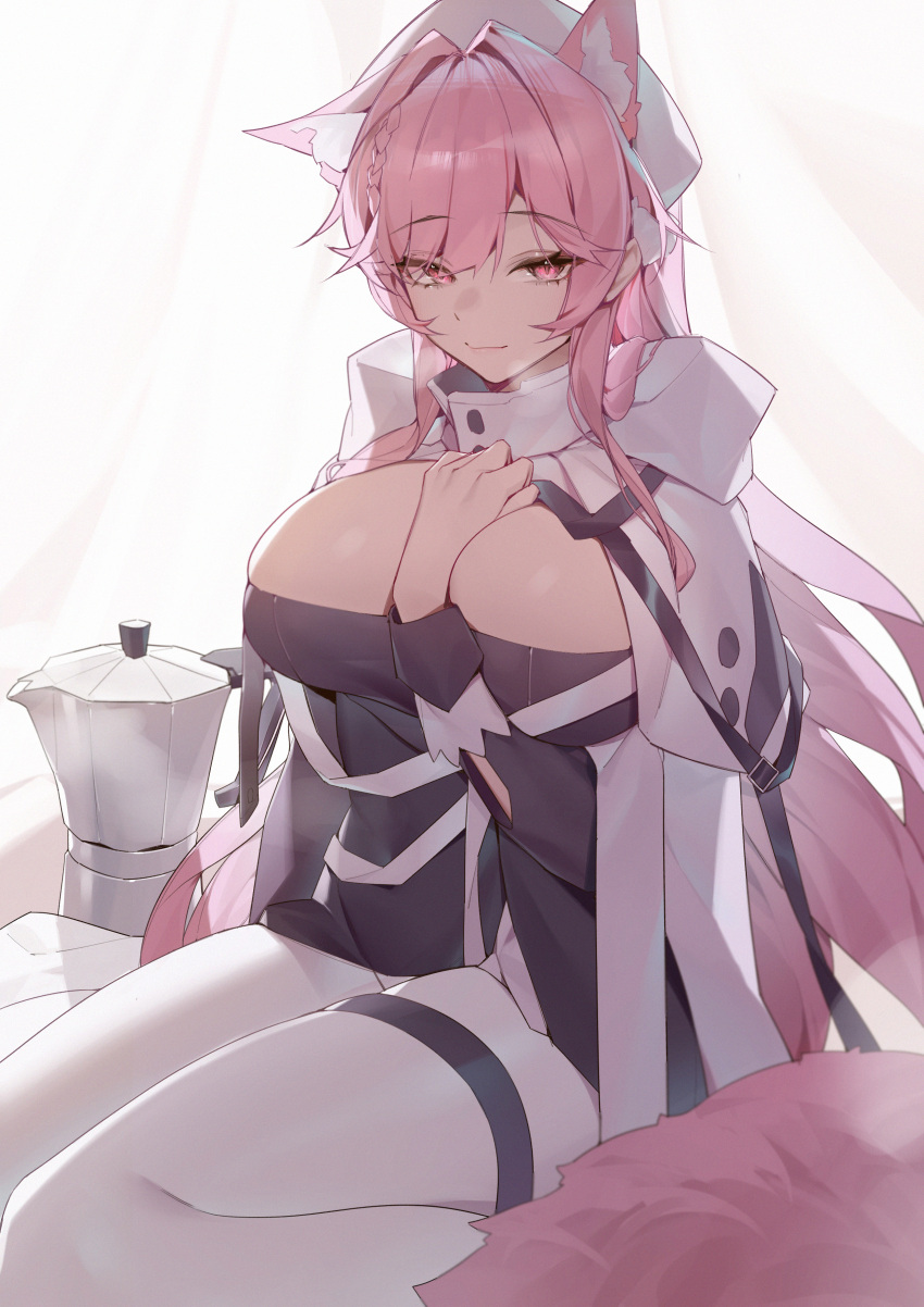 1girl absurdres animal_ears arknights black_jacket breasts commentary_request darling0221 extra_ears hair_intakes highres jacket kettle large_breasts leggings long_hair long_sleeves looking_at_viewer official_alternate_costume pants pink_eyes pink_hair pozyomka_(arknights) pozyomka_(snowy_plains_in_words)_(arknights) sitting smile solo thigh_strap thighs very_long_hair wariza white_pants wolf_ears