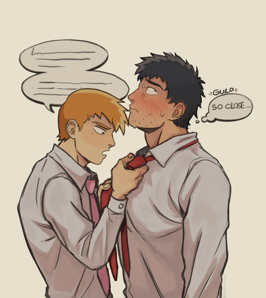 2boys absurdres adjusting_clothes adjusting_necktie black_hair blush closed_mouth collared_shirt couple english_text highres kentret male_focus mob_psycho_100 multiple_boys necktie nervous open_mouth orange_hair reigen_arataka serizawa_katsuya shirt short_hair simple_background sweat sweating_profusely upper_body white_shirt yaoi