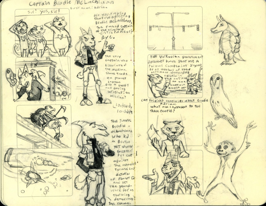 adrian_brodie anthro armadillo avian ayato bird boots bottomwear bovid cadet caprine clothed clothing comic dialogue domestic_cat english_text felid feline felis footwear fully_clothed goat group jacket male mammal monochrome open_mouth pants pilosan shirt sloth smile teeth_showing text thaddeus_cat tongue_showing topwear xenarthran