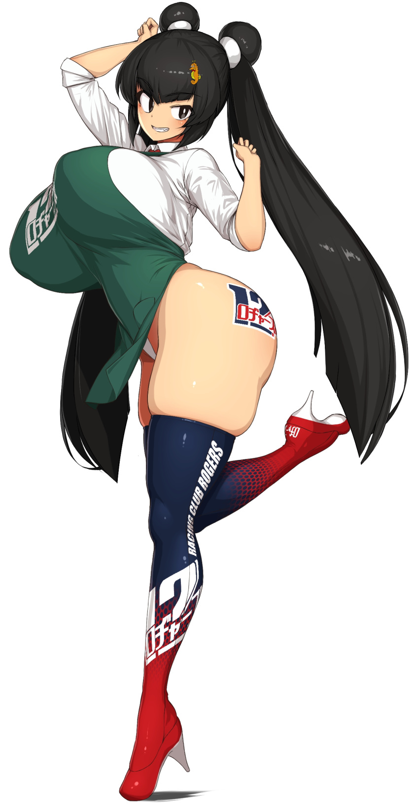 1girl absurdres apron ass black_eyes black_hair breasts double_bun green_apron hair_bun hand_up harashima_rojami high_heels highres large_breasts long_hair looking_at_viewer makino_momiji_(artist) original race_queen shirt skindentation smile solo thick_thighs thighhighs thighs tsurime twintails very_long_hair white_background white_shirt