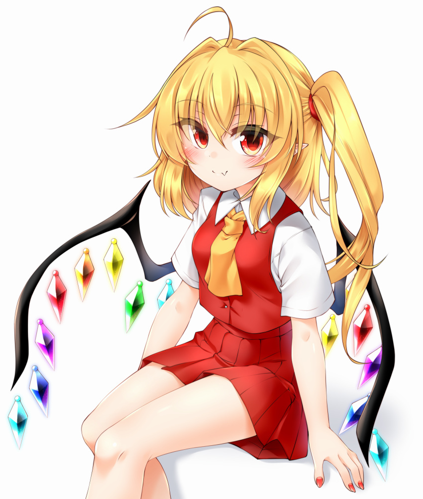 1girl ahoge ascot blonde_hair blush breasts collared_shirt commentary_request crystal crystal_wings dot_nose eyes_visible_through_hair fang flandre_scarlet hair_between_eyes hair_tie highres legs looking_at_viewer marukyuu_ameya medium_breasts medium_hair miniskirt nail_polish pleated_skirt pointy_ears ponytail red_eyes red_nails red_skirt red_vest shirt short_sleeves side_ponytail simple_background sitting skin_fang skirt smile solo thick_eyelashes thighs touhou vest white_background white_shirt wings yellow_ascot