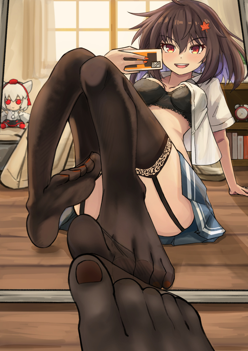 1girl absurdres ahoge alarm_clock black_hair black_thighhighs blue_skirt blush bookshelf breasts brown_hair character_doll clock commentary convenient_leg feet female_pov fingernails foot_focus full_body fumo_(doll) garter_straps hair_between_eyes highres holding holding_phone indoors inubashiri_momiji legs looking_at_viewer medium_breasts mirror nail_polish nightstand no_wings open_clothes open_mouth open_shirt orange_nails phone pleated_skirt pov red_eyes selfie shameimaru_aya shirt short_hair short_sleeves skirt smile soles solo teeth thighhighs toenail_polish toenails toes touhou upper_teeth_only window yuuka_(a0240765)