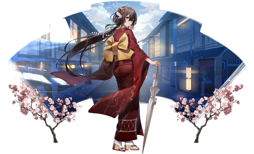 1girl absurdres artist_request ass azur_lane black_bow bow brown_hair cherry_blossoms closed_umbrella from_behind highres holding holding_umbrella horns japanese_clothes kimono lantern long_hair long_sleeves mikasa_(azur_lane) mikasa_(beauty_in_indigo)_(azur_lane) non-web_source official_alternate_costume official_art red_kimono solo transparent_background umbrella very_long_hair white_horns white_umbrella wide_sleeves yukata