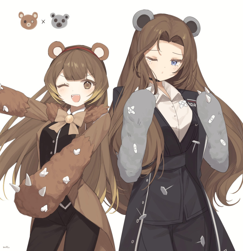 2girls animal_ears animal_hands bear_ears black_coat black_pants black_sash black_shirt blue_eyes bow bowtie breasts brown_bow brown_bowtie brown_coat brown_eyes brown_hair claws coat collared_shirt e.g.o_(project_moon) gloves highres large_breasts library_of_ruina limbus_company long_hair long_sleeves love_mintchoco malkuth_(project_moon) multiple_girls one_eye_closed pants parted_bangs paw_gloves project_moon rodion_(limbus_company) sash shirt sidelocks simple_background stuffing very_long_hair white_background white_shirt