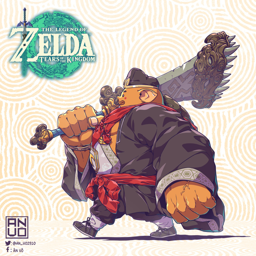 absurd_res an_vo clothed clothing domestic_pig footwear goron hat headgear headwear hi_res journey_to_the_west male mammal melee_weapon muscular muscular_male nintendo overweight overweight_male shoes simple_background solo suid suina sus_(pig) tears_of_the_kingdom text the_legend_of_zelda weapon yunobo zhu_bajie