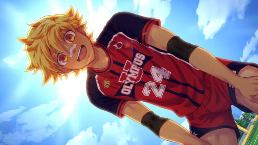 1boy bandaid bandaid_on_face bandaid_on_nose black_armband blonde_hair blue_sky cloud collaboration dutch_angle furrowed_brow highres jock_studio_(blits_games) leo_mendez_(jock_studio) looking_at_viewer male_focus mikkoukun non-web_source official_art open_mouth orange_eyes outdoors red_shirt red_shorts shade shirt short_hair short_sleeves shorts sky smile solo teeth tongue upper_teeth_only variant_set zamius