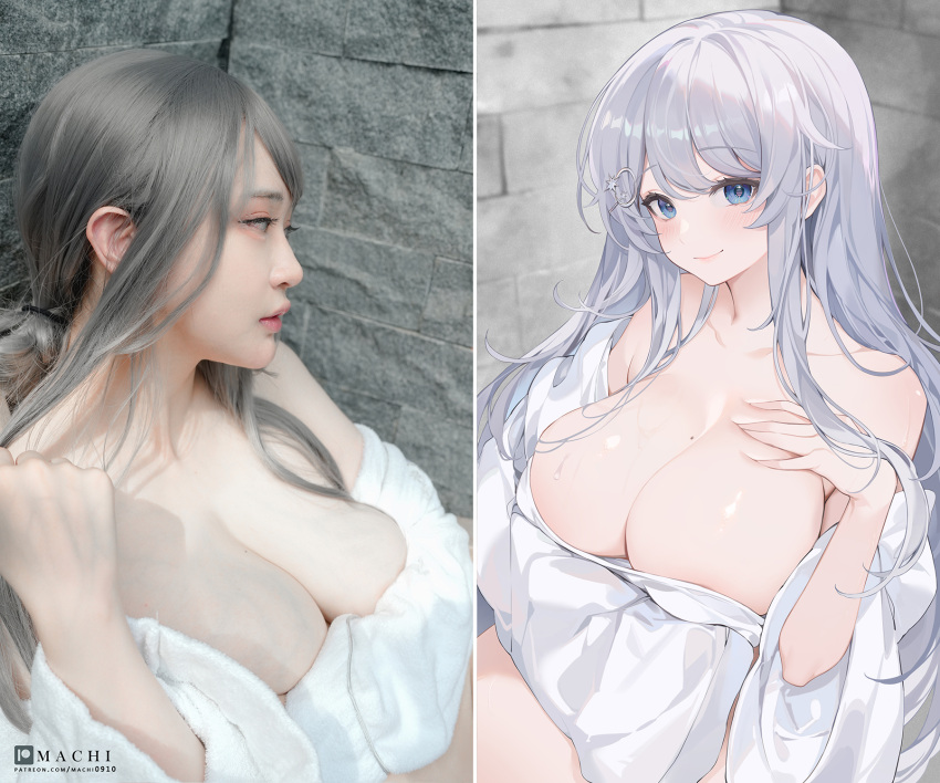 1girl animification art_vs_artist artist_self-insert bare_shoulders blue_eyes blush breasts cleavage closed_mouth collarbone commentary english_commentary grey_hair hair_between_eyes hair_ornament highres huge_breasts large_breasts long_hair looking_at_viewer machi_(7769) making-of_available mole mole_on_breast off_shoulder original patreon_username real_life self-portrait shirt smile sweat white_shirt wide_sleeves