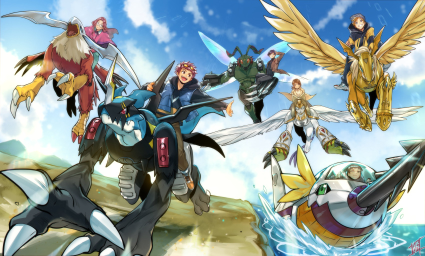 2girls 4boys absurdres ariie_ya armor black_hair blonde_hair blue_eyes brown_eyes brown_hair digimon digimon_(creature) digimon_adventure_02 glasses hair_ornament hat head_wings helmet hida_iori highres holsmon horse ichijouji_ken inoue_miyako long_hair motomiya_daisuke multiple_boys multiple_girls nefertimon open_mouth pegasmon purple_hair raidramon sabmarimon shirt short_hair smile stingmon takaishi_takeru wings yagami_hikari