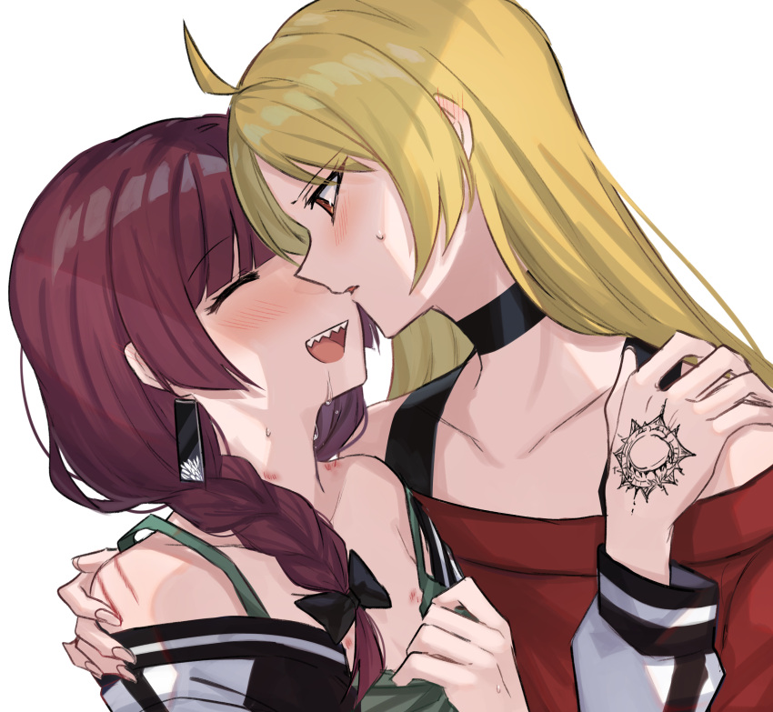 2girls absurdres ahoge aoki_shizumi bare_shoulders bite_mark_on_breast bite_mark_on_neck black_bow black_choker black_straps blonde_hair blush bocchi_the_rock! bow braid breasts choker closed_eyes clothes_pull dress_pull drunk earrings face-to-face french_braid hair_bow hand_on_another's_shoulder hand_tattoo highres hiroi_kikuri ijichi_seika imminent_kiss jacket jewelry long_hair long_sleeves looking_at_another multiple_girls no_bra off_shoulder open_clothes open_jacket open_mouth purple_hair red_eyes red_sweater scratches sharp_teeth simple_background small_breasts solo sweatdrop sweater tattoo teeth upper_body upper_teeth_only white_background yuri
