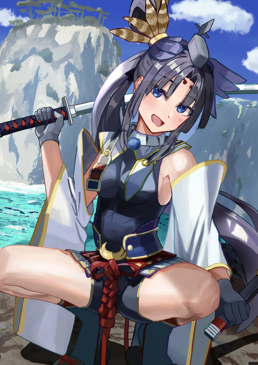 1girl absurdres armor asymmetrical_sleeves black_gloves black_hair black_leotard blue_eyes blush breast_curtains breasts commentary_request day detached_sleeves fate/grand_order fate_(series) feather_hair_ornament feathers gloves hair_ornament hat highres holding holding_sword holding_weapon japanese_armor katana kusazuri leotard long_hair looking_at_viewer medium_breasts mismatched_sleeves navel open_mouth outdoors parted_bangs revealing_clothes saegusa_izu shoulder_armor side_ponytail smile sode solo spread_legs squatting sword tabi tate_eboshi ushiwakamaru_(fate) very_long_hair water weapon white_sleeves