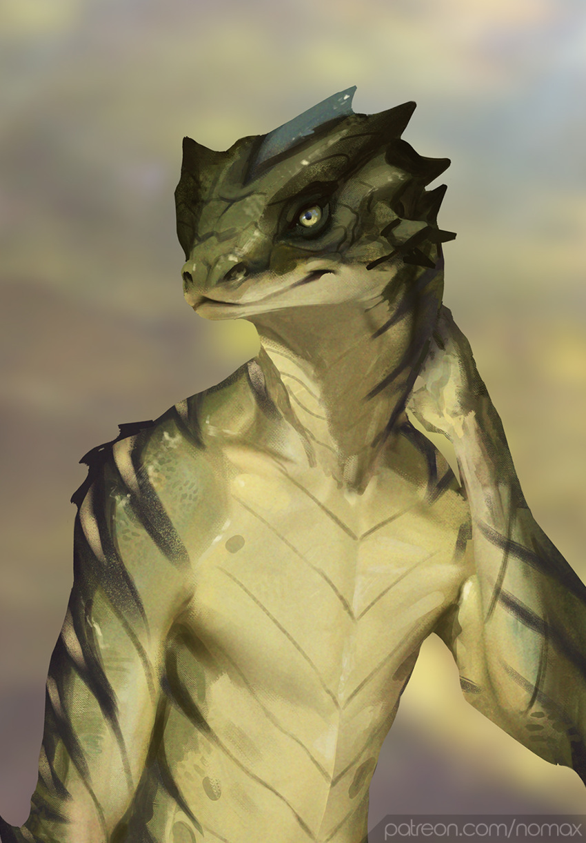 2023 anthro blurred_background digital_media_(artwork) green_body green_eyes green_scales half-length_portrait hand_on_neck head_turned hi_res julian_(nomax) lizard looking_forward male nomax portrait reptile scales scalie solo spikes spikes_(anatomy) striped_body stripes text url