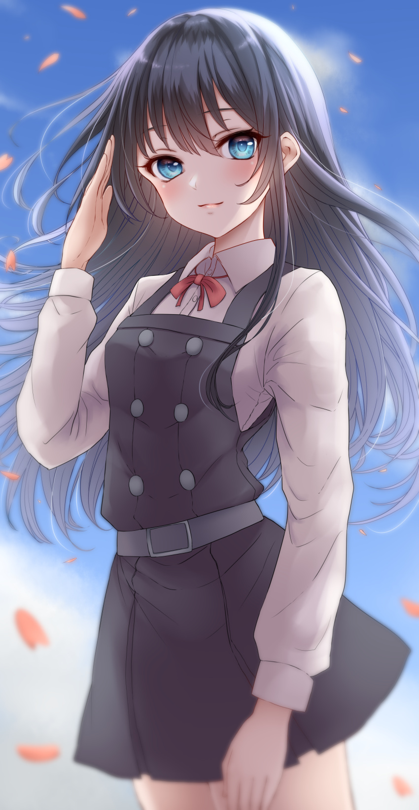 1girl absurdres asashio_(kancolle) asashio_kai_ni_(kancolle) belt black_dress black_hair blue_eyes blurry closed_mouth collared_shirt cowboy_shot depth_of_field dress grey_belt hair_between_eyes highres kantai_collection long_hair long_sleeves looking_at_viewer nuka_(nvkka) petals pinafore_dress shirt sleeveless sleeveless_dress smile solo white_shirt