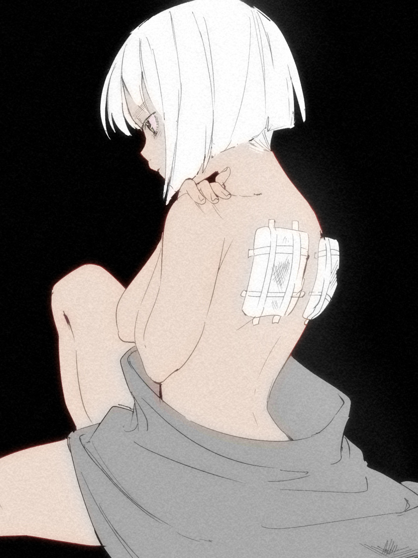 1girl angel bandaid black_background bob_cut cloak commentary_request from_behind from_side gr_7 grey_hair hand_on_own_shoulder hands_up highres injury knee_up looking_ahead no_wings nude original self_hug short_hair simple_background sitting solo under_covers white_hair