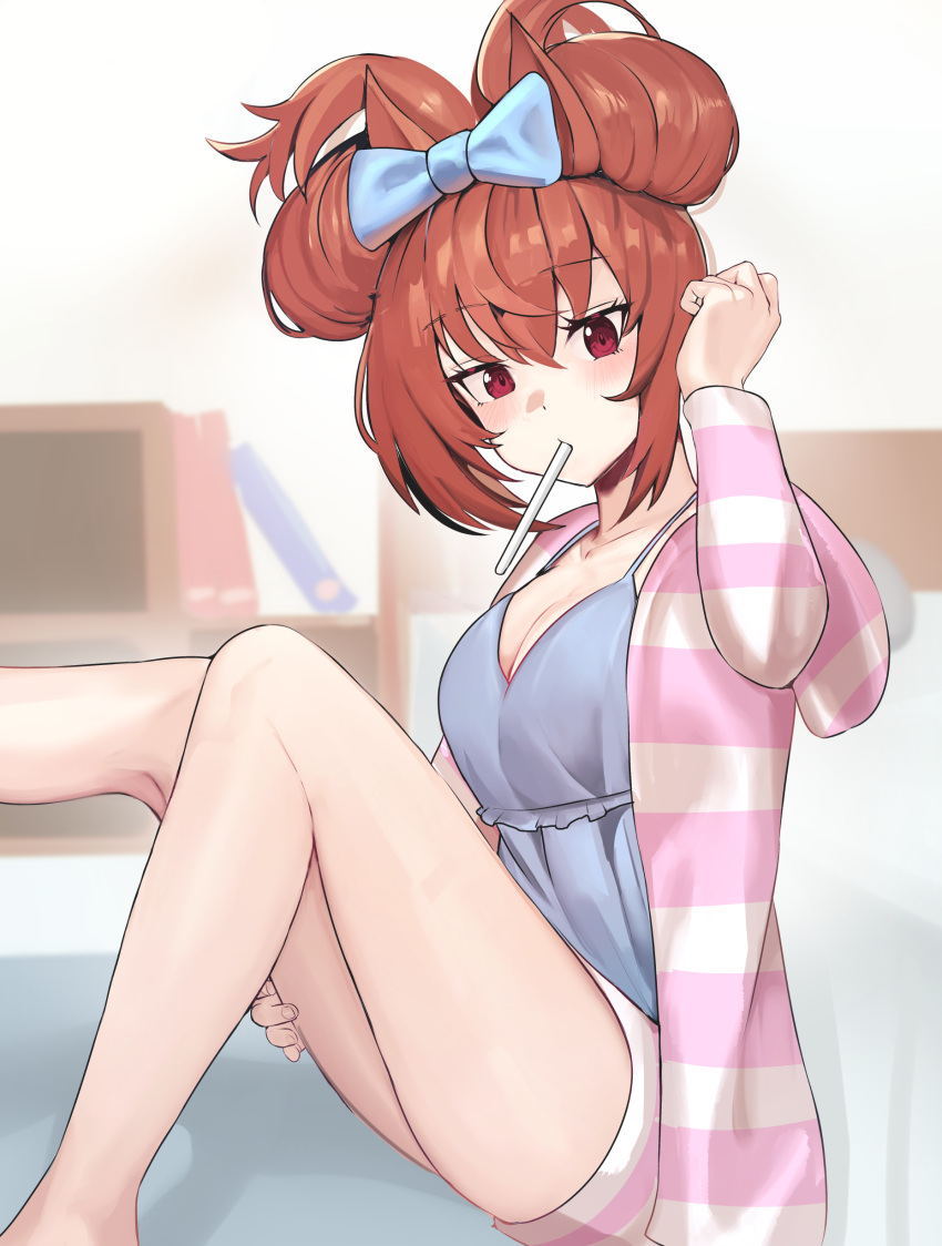 1girl absurdres animal_ears bare_legs bedroom blurry blurry_background breasts brown_hair collarbone commentary_request daiwa_scarlet_(umamusume) eyelashes feet_out_of_frame hair_between_eyes highres hood hood_down horse_ears horse_girl indoors knees_together_feet_apart legs looking_at_viewer medium_breasts medium_hair mouth_hold red_eyes short_shorts shorts sidelocks sitting sleepwear solo solokitsune striped striped_shorts thighs umamusume