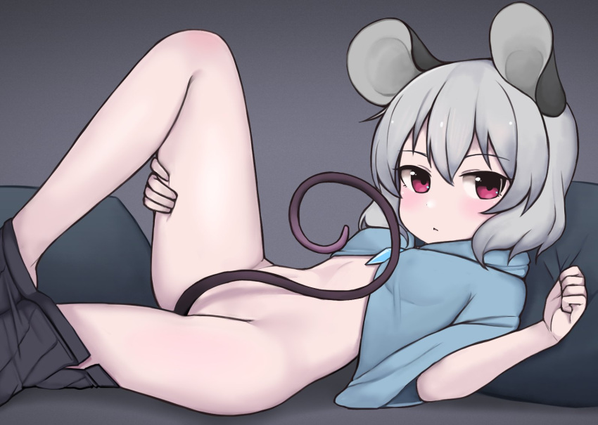 1girl animal_ears black_skirt blue_capelet blush breasts capelet closed_mouth commentary crystal expressionless feet_out_of_frame grey_background grey_hair hair_between_eyes looking_at_viewer lying medium_bangs mouse_ears mouse_girl mouse_tail nazrin nuclear_cake nude on_back pillow pleated_skirt reclining red_eyes short_hair skirt skirt_around_ankles small_breasts solo tail tail_censor touhou undressing