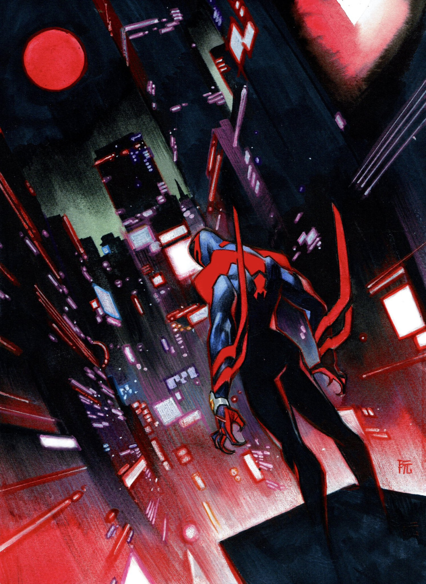 1boy animal_print arm_blade blue_bodysuit blue_mask bodysuit broad_shoulders dike_ruan glowing_bodysuit highres large_pectorals male_focus marvel miguel_o'hara muscular muscular_male pectorals print_bodysuit red_bodysuit skin_tight solo spider-man:_across_the_spider-verse spider-man_(2099) spider-man_(series) spider_print superhero two-tone_bodysuit weapon