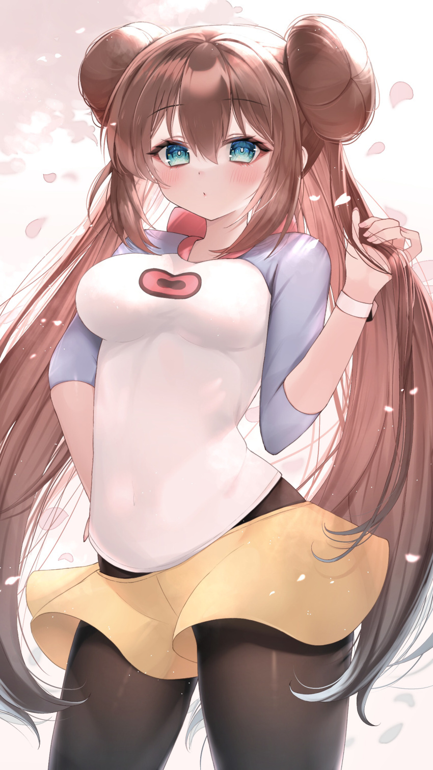 1girl absurdres blush bow breasts brown_hair closed_mouth commentary_request covered_navel cowboy_shot double_bun doughnut_hair_bun falling_petals green_eyes hair_bun hand_on_hip hand_up highres legwear_under_shorts looking_at_viewer medium_breasts pantyhose petals pink_bow pokemon pokemon_(game) pokemon_bw2 raglan_sleeves rosa_(pokemon) short_shorts shorts solo twintails yama_(toaru_puyopuyo) yellow_shorts