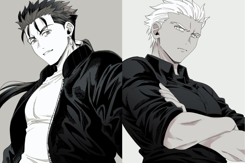 2boys archer_(fate) buttons closed_mouth collared_shirt crossed_arms cu_chulainn_(fate) earrings fang fate/stay_night fate_(series) fingernails forehead frown jacket jewelry long_hair looking_at_viewer male_focus monochrome multiple_boys nkt_(000) open_clothes open_jacket ponytail shirt short_hair simple_background split_mouth split_screen toned toned_male