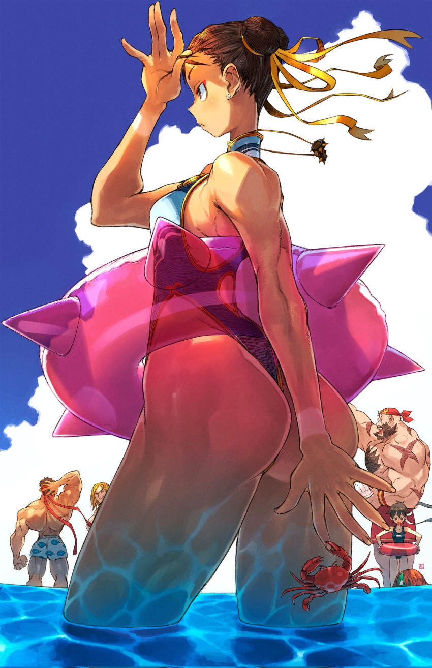 2girls 4boys andrewcockroach ass bandana bikini blanka chun-li crab earrings eyeliner highres inflatable_toy jewelry kasugano_sakura ken_masters makeup multiple_boys multiple_girls muscular muscular_male one-piece_swimsuit outdoors partially_submerged reflection reflective_water ryu_(street_fighter) scar street_fighter swimsuit tan tanlines water wet wet_hair zangief