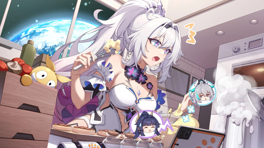 +_+ 3girls ^^^ absurdres bare_shoulders blue_eyes breasts bronya_zaychik bronya_zaychik_(herrscher_of_truth) chibi chinese_commentary cleavage commentary commentary_request cooking diamond-shaped_pupils diamond_(shape) doge_onion dress earth_(planet) food fork grey_hair hair_intakes highres holding holding_fork homu_(honkai_impact) honkai_(series) honkai_impact_3rd indoors kiana_kaslana kiana_kaslana_(herrscher_of_finality) kitchen large_breasts long_hair multiple_girls open_mouth planet ponytail raiden_mei raiden_mei_(herrscher_of_origin) second-party_source symbol-shaped_pupils tablet_pc white_dress white_hair