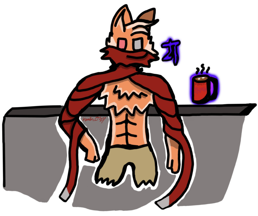 anthro beverage blind_eye candy canid canine chocolate clothed clothing dessert fluffy_chest food fox hot_chocolate kamikozzy leaning_on_wall male mammal partially_clothed red_fox scarf solo symbol