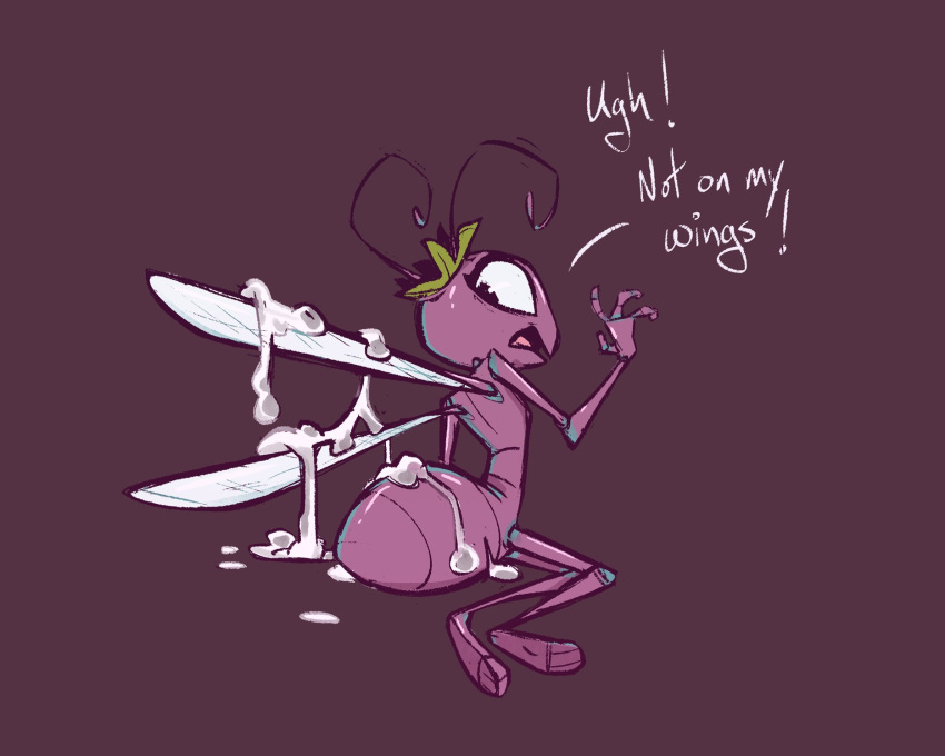 a_bug's_life after_sex ant antennae_(anatomy) anthro arthropod arthropod_abdomen cum_on_wings dialogue disney female fluttershythekind hi_res hymenopteran insect insect_wings nude pixar princess_atta purple_body simple_background solo wings