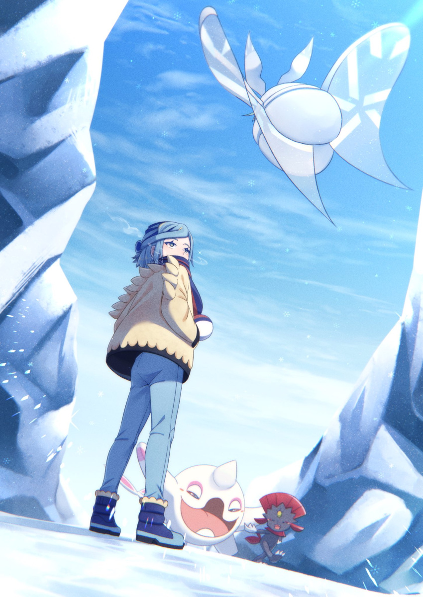 1boy boots breath cetoddle cloud commentary_request day eyelashes from_below frosmoth grusha_(pokemon) highres jacket looking_to_the_side male_focus medium_hair mocacoffee_1001 outdoors pants pokemon pokemon_(creature) pokemon_(game) pokemon_sv scarf sky snow standing weavile yellow_jacket