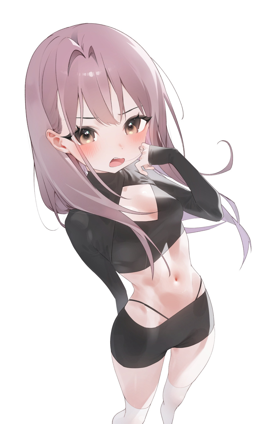 1girl absurdres black_panties black_shorts blush breasts brown_eyes crop_top feet_out_of_frame highleg highleg_panties highres long_hair looking_at_viewer micro_shorts navel open_mouth original panties purple_hair rubyaano_(ducl323) shorts shrug_(clothing) simple_background sleeves_past_wrists small_breasts socks solo underwear white_background white_socks