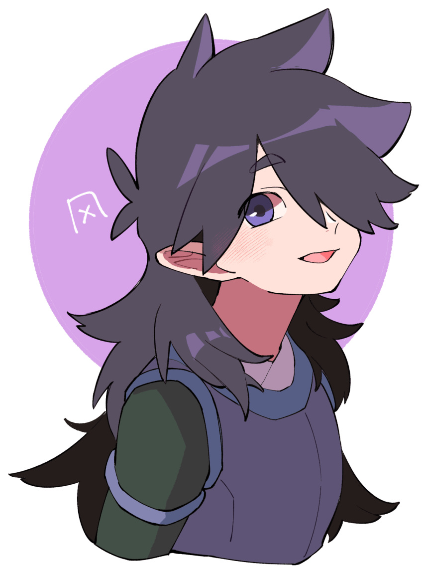 1boy black_shirt blush fengxi_(the_legend_of_luoxiaohei) highres long_hair long_sleeves luo_xiaohei_zhanji male_focus nploser open_mouth pointy_ears portrait purple_eyes purple_vest shirt smile solo vest