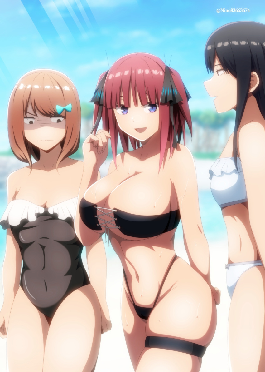 3girls asobi_night bikini black_bikini black_hair black_one-piece_swimsuit breast_envy breasts brown_hair colorized cross-laced_bikini cross-laced_clothes frilled_bikini frilled_one-piece_swimsuit frills go-toubun_no_hanayome highres huge_breasts kosmos_beta long_hair looking_at_breasts medium_hair multiple_girls nakano_nino one-piece_swimsuit purple_eyes red_hair shaded_face skindentation small_breasts strapless strapless_bikini swimsuit white_bikini