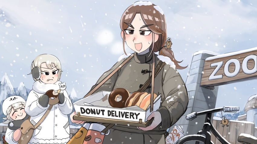 3girls :d ^_^ aged_down bag bicycle bird brown_bag brown_eyes brown_hair chicken closed_eyes coat diva_(hyxpk) doughnut doughnut_hair_ornament eating english_commentary food food-themed_hair_ornament food_bite grey_coat grey_mittens grey_scarf hair_ornament hat highres hungry_nun's_mother_(diva) little_nuns_(diva) long_hair multiple_girls outdoors pink_mittens polar_bear_keeper_(zookeepers) ponytail scarf seal_keeper_(zookeepers) short_hair shoulder_bag smile snow snowing white_coat white_hair white_headwear white_scarf winter zookeepers