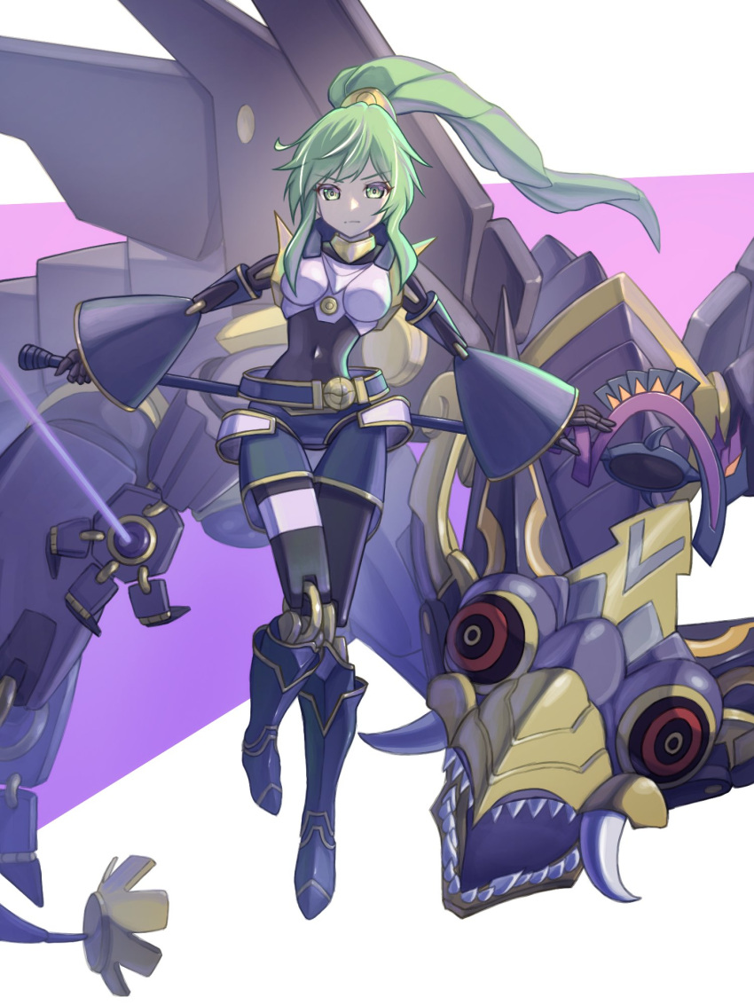 1girl belt breasts doll_joints dragon duel_monster el_shaddoll_winda floating full_body green_eyes green_hair highres holding holding_staff joints long_hair long_sleeves mechanical_arms medium_breasts ponytail pulao_wind_of_the_yang_zing sharp_teeth staff takkayuuki teeth wide_sleeves winda_(yu-gi-oh!) yu-gi-oh!