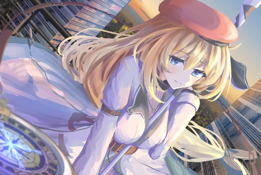 1girl agnes_claudel belt beret blonde_hair blue_eyes breasts cityscape coat commentary_request double-parted_bangs eiyuu_densetsu hair_between_eyes hat highres jewelry kuro_no_kiseki large_breasts long_hair necklace red_headwear skyline solo sweater tipto-eb very_long_hair white_coat white_sweater