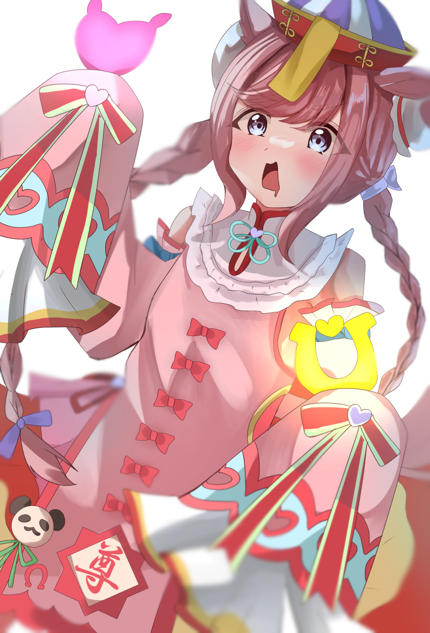 1girl absurdres agnes_digital_(lovely_jiangshi)_(umamusume) agnes_digital_(umamusume) animal_ears bare_shoulders bow braid commentary_request detached_sleeves double_bun dress drooling frilled_dress frills hair_bun highres horse_ears horse_girl horseshoe jiangshi long_hair mouth_drool pink_hair red_bow simple_background sleeveless sleeveless_dress sleeves_past_fingers sleeves_past_wrists solo twin_braids umamusume very_long_hair white_background yokawa_nagi