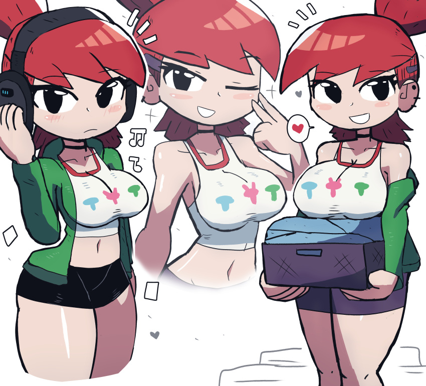 1girl absurdres choker foster's_home_for_imaginary_friends frankie_foster headphones highres jacket jacket_removed looking_at_viewer one_eye_closed open_clothes open_jacket ponytail powerpuff_girls red_hair tony_welt toon_(style)