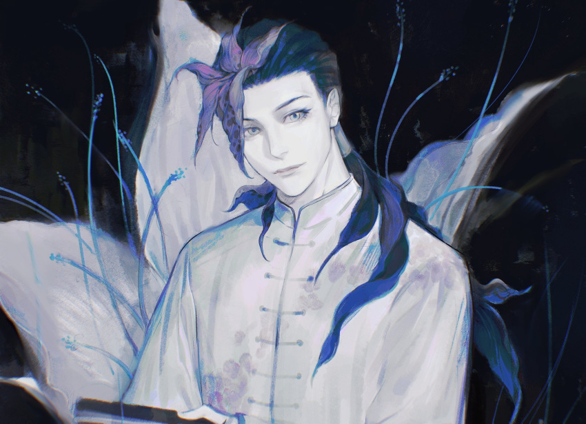 1boy blue_theme blut2000 chinese_clothes dark_background flower hair_flower hair_ornament hair_over_one_eye hair_over_shoulder highres jigokuraku long_hair looking_at_viewer monochrome orchid ponytail ran_(jigokuraku) simple_background smile solo straight-on white_background