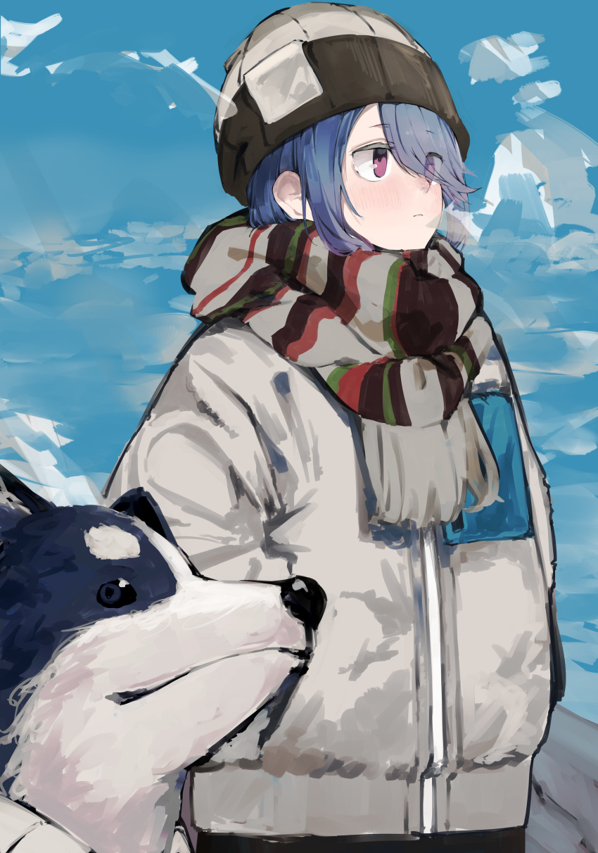 1girl absurdres animal beanie blue_hair closed_mouth coat dog expressionless eyes_visible_through_hair hair_over_one_eye hands_in_pockets hat highres leadin_the_sky looking_ahead outdoors purple_eyes scarf shima_rin short_hair sketch sky solo standing white_coat yurucamp