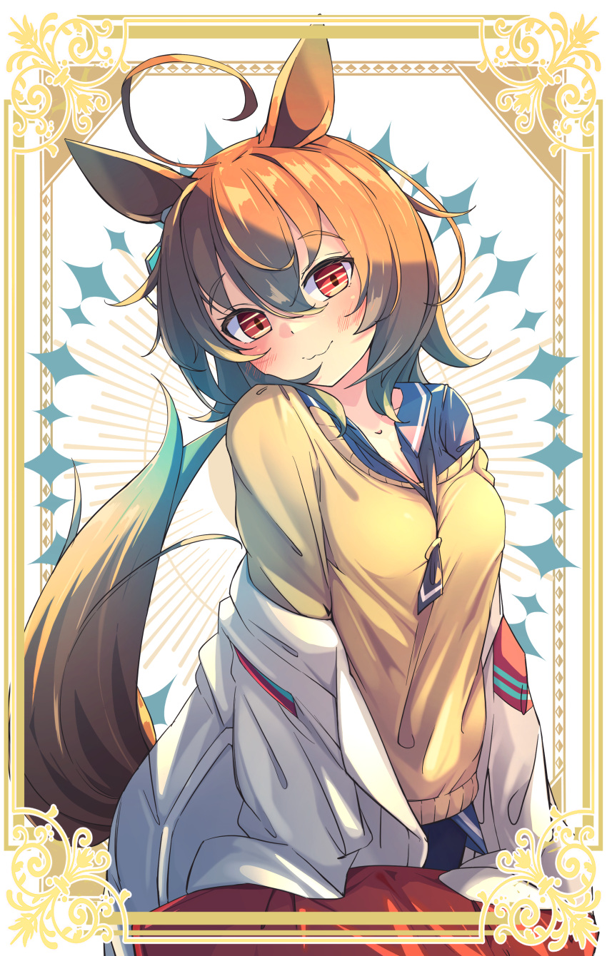 1girl absurdres agnes_tachyon_(umamusume) ahoge animal_ears between_breasts black_necktie blush breasts brown_hair closed_mouth coat coat_partially_removed commentary earrings highres horse_ears horse_girl horse_tail jewelry lab_coat looking_at_viewer medium_breasts necktie necktie_between_breasts red_eyes single_earring sleeves_past_fingers sleeves_past_wrists solo sweater_vest tail umamusume wavy_mouth white_coat woruta_(soloistlist) yellow_sweater_vest
