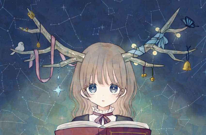 1girl absurdres antler_ornament antlers bell bird blue_butterfly book brown_hair bug butterfly constellation eyelashes highres holding holding_book jewelry jingle_bell kouichi383 long_hair looking_at_viewer necklace open_book open_mouth original solo straight-on string_of_light_bulbs upper_body white_bird