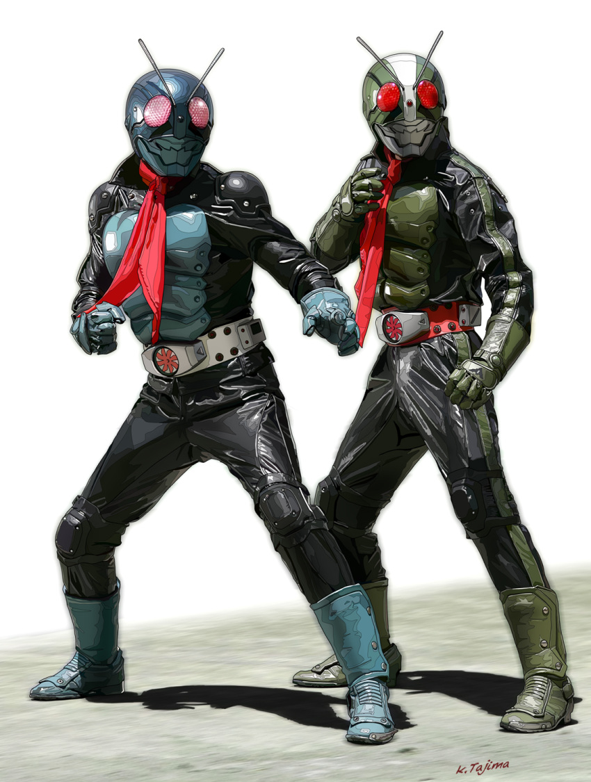 2boys antennae aqua_armor aqua_footwear aqua_gloves armor armored_bodysuit artist_name black_mask commentary_request compound_eyes dias_(tajima_kouki) fighting_stance full_body gloves green_armor green_footwear green_gloves green_mask highres kamen_rider kamen_rider_1 kamen_rider_2 kamen_rider_the_first multiple_boys partial_commentary pink_eyes red_eyes rider_belt shoulder_armor simple_background standing typhoon_(kamen_rider) white_background