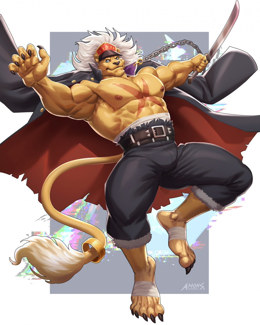 amon-sydonai anthro bancholeomon bandage bandai_namco blue_eyes claws clothing coat_cape digimon digimon_(species) hair hat headgear headwear hi_res male muscular muscular_anthro muscular_male nipples pecs sharp_claws solo white_hair