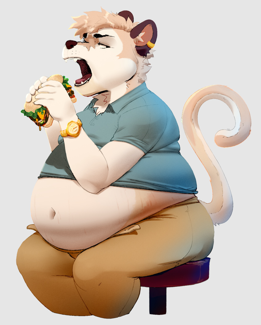 annoyed anthro belly bottomwear burger clock clothed clothing ear_piercing eating euplerid food fossa fur hi_res holding_burger holding_food holding_object male mammal navel obese obese_anthro obese_male okaeri open_bottomwear open_clothing open_mouth open_pants overweight overweight_anthro overweight_male pants piercing sitting sitting_on_stool solo stretch_marks tan_body tan_fur teeth tight_clothing tongue watch wristwatch