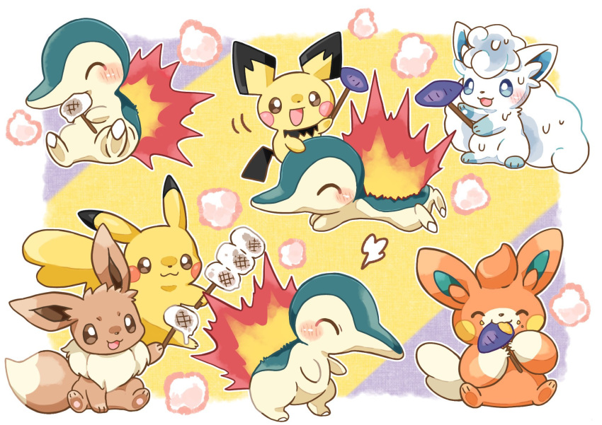 :3 alolan_vulpix blue_eyes brown_eyes burning closed_eyes cyndaquil eating eevee food food_on_face highres holding holding_skewer kana_(maple926) lying marshmallow motion_lines on_stomach open_mouth pawmi pichu pokemon pokemon_(creature) roasted_sweet_potato sitting skewer smile sweatdrop sweet_potato